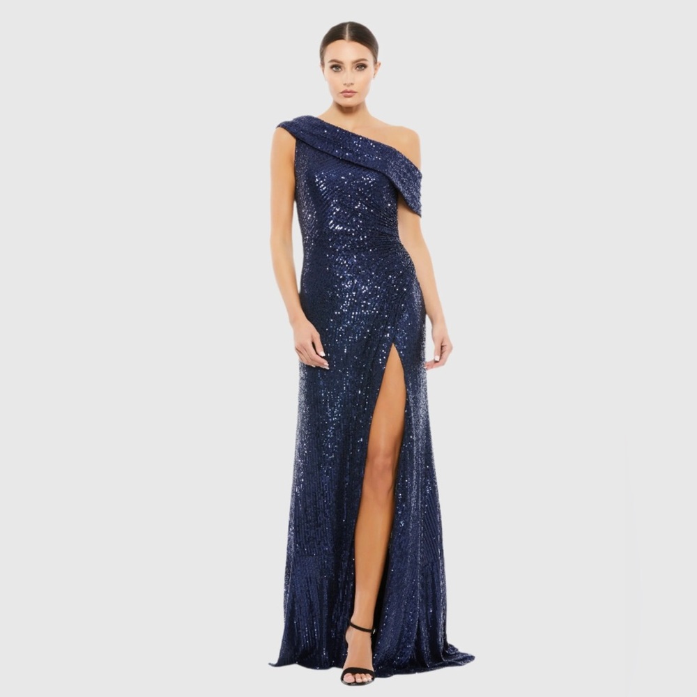 One-Shoulder Navy Sequin Evening Gown